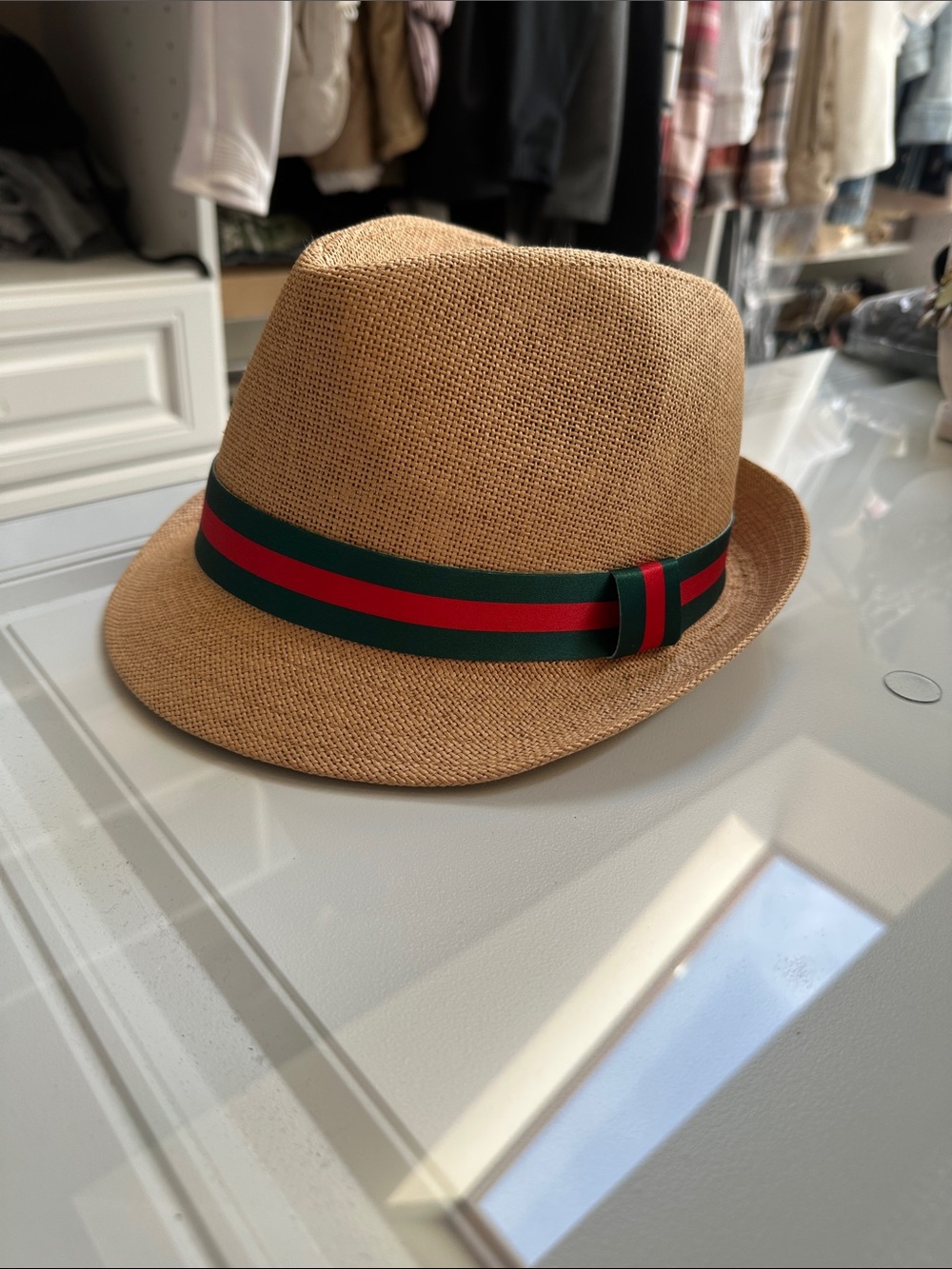 Straw Fedora with Green & Red Stripe